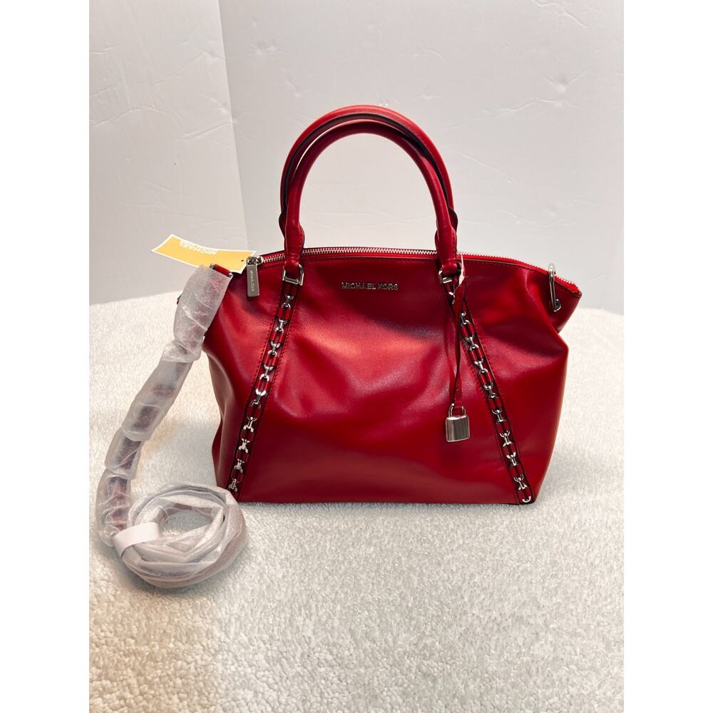 Michael Kors Set Sadie Large Leather Satchel in Scarlet with Silver Hardware